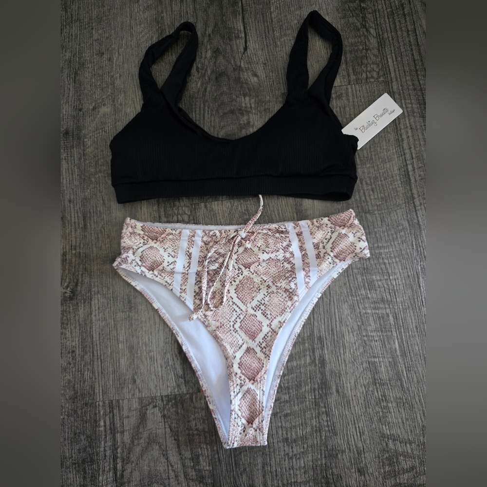 Blushing Brunette Black and Tan Bikini Set with Top and High-Cut Bottoms